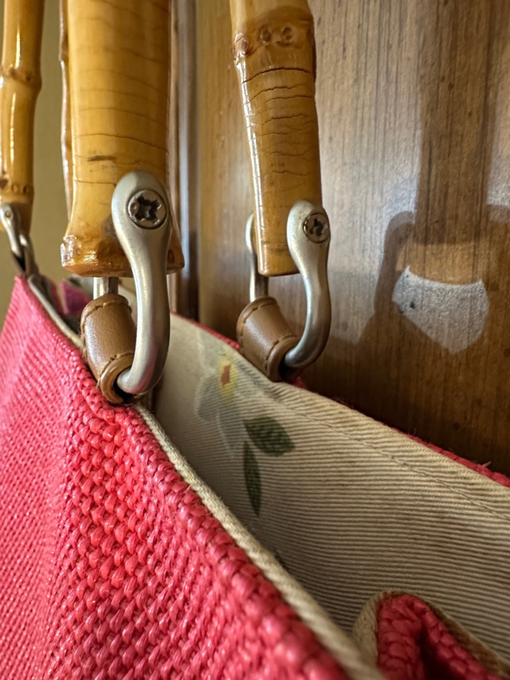 Fossil Watermelon Pink Bamboo-Handle Women's Tweed Mid -Large Top-Handle Bag - Picture 7 of 14